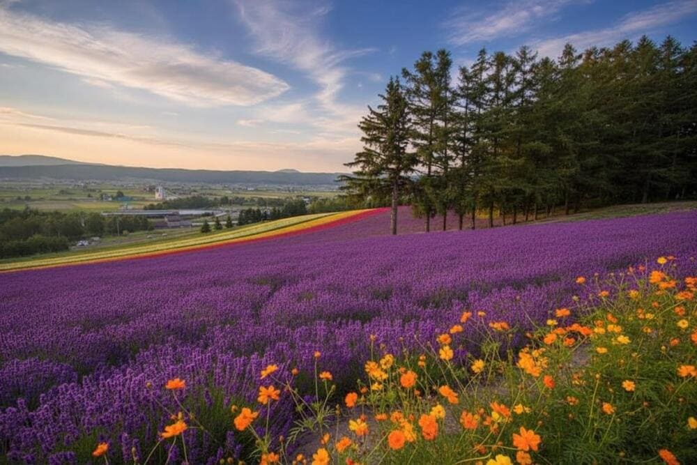 Cánh đồng hoa oải hương ngập tràn sắc tím tại Hokkaido vào mùa hè.